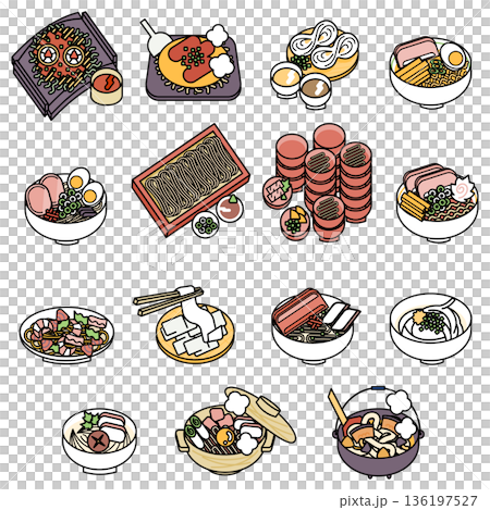 和食の麺類アイコン詰め合わせ・郷土料理のどんぶり素材・ラーメン・うどん・そば 136197527