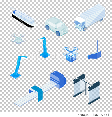 スマート物流と自動化テクノロジーのアイソメトリックイラストセット 136197531