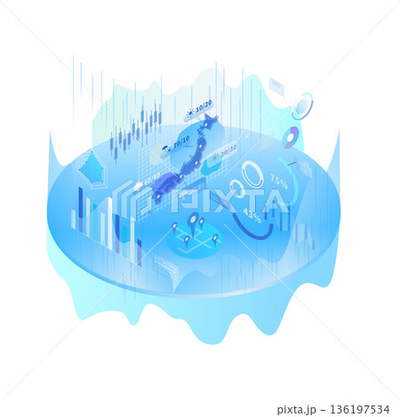 日本地図とビッグデータ・統計グラフのアイソメトリック背景イラスト 日本地図とビッグデータ・統計グラフのアイソメトリック背景イラスト 136197534