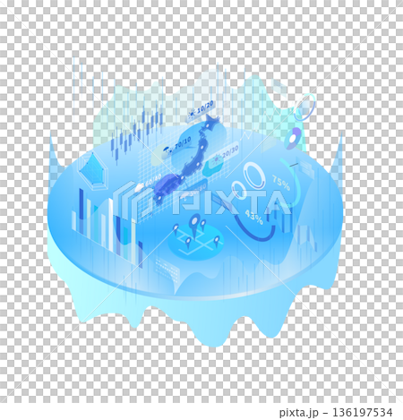 日本地図とビッグデータ・統計グラフのアイソメトリック背景イラスト 日本地図とビッグデータ・統計グラフのアイソメトリック背景イラスト 136197534
