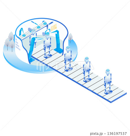 スマートファクトリーで人型ロボットを自動生産する製造ラインのイラスト 136197537