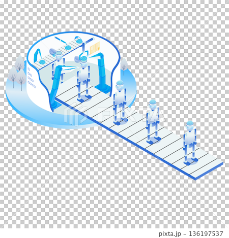 スマートファクトリーで人型ロボットを自動生産する製造ラインのイラスト 136197537