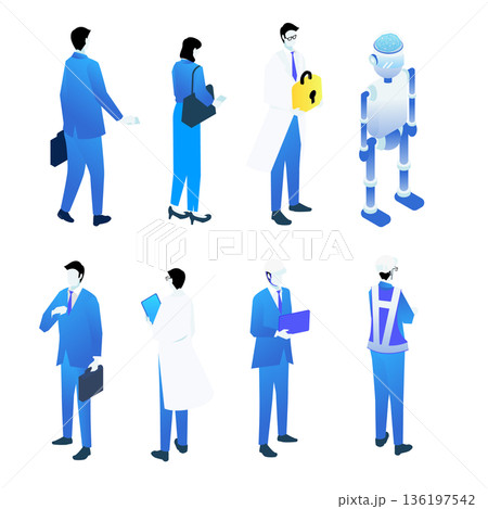DX推進・ビジネス・研究者・作業員とロボットのアイソメトリック人物素材 136197542