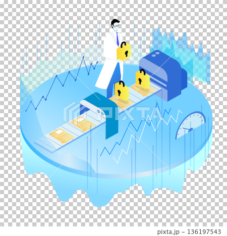 Illustration of a researcher working on cybersecurity and data encryption and protection 136197543