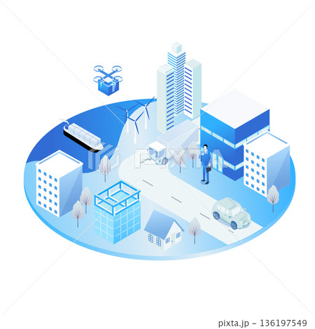 スマートシティ・Society 5.0を実現する次世代都市インフラの全景イラスト 136197549