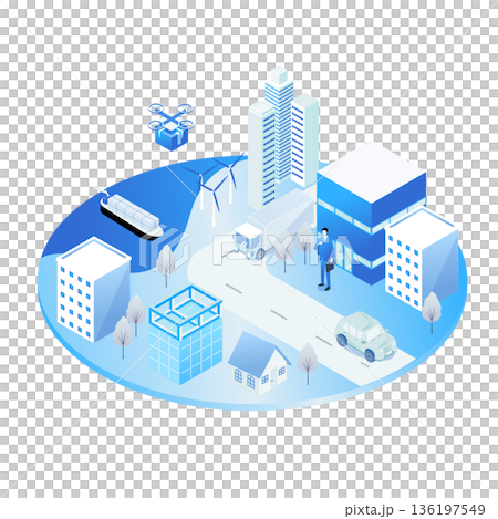 スマートシティ・Society 5.0を実現する次世代都市インフラの全景イラスト 136197549