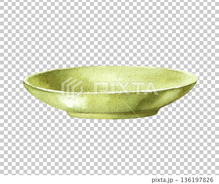 Watercolor illustration green plate side view isolated on white background. For menu design, decor and design Watercolor illustration green plate side view isolated on white background. For menu design, decor and design 136197826