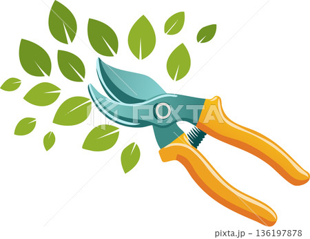 Flat garden illustration showing pruning shears cutting green leafy branches with clean 136197878