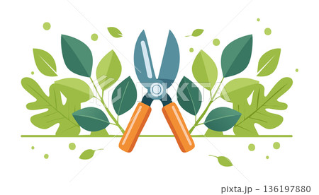 Simple flat illustration of hand pruners cutting a leafy branch bright green foliage soft shapes 136197880