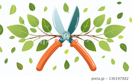 Bright flat style illustration of garden scissors cutting branches with green leaves modern 136197882