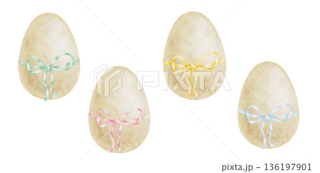 Neutral Easter eggs with pastel bows in beige and soft pink colors as watercolor clipart, hand drawn. Suitable for rustic packaging, stationery design, labels, spring branding and fabric printing Neutral Easter eggs with pastel bows in beige and soft pink colors as watercolor clipart, hand drawn. Suitable for rustic packaging, stationery design, labels, spring branding and fabric printing 136197901