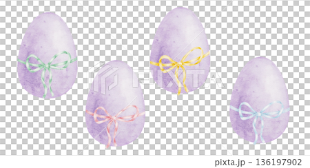 Lavender Easter eggs with soft pastel ribbon details as watercolor illustration, hand drawn. Great for nursery decor, greeting cards, scrapbook elements, gift wrap and surface design collections Lavender Easter eggs with soft pastel ribbon details as watercolor illustration, hand drawn. Great for nursery decor, greeting cards, scrapbook elements, gift wrap and surface design collections 136197902