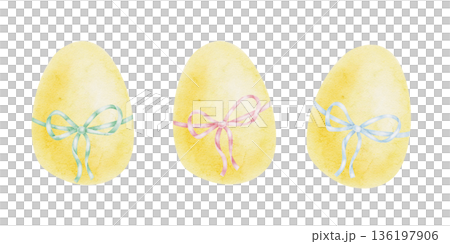 Ribbon decorated Easter eggs in warm yellow and pastel bow colors as watercolor illustration, hand drawn. Ideal for greeting cards, gift tags, wrapping paper, invitations and festive spring Ribbon decorated Easter eggs in warm yellow and pastel bow colors as watercolor illustration, hand drawn. Ideal for greeting cards, gift tags, wrapping paper, invitations and festive spring 136197906