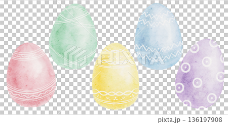 Ornamental Easter eggs in pink, mint, blue and soft yellow shades as watercolor clipart, hand drawn. Suitable for spring stationery, scrapbook kits, posters, packaging and decorative surface design Ornamental Easter eggs in pink, mint, blue and soft yellow shades as watercolor clipart, hand drawn. Suitable for spring stationery, scrapbook kits, posters, packaging and decorative surface design 136197908