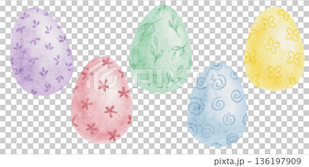 Patterned Easter eggs in lavender, mint, blue and yellow colors as watercolor illustration, hand drawn. Designed for children products, gift wrap, cards, fabric prints and seasonal branding materials Patterned Easter eggs in lavender, mint, blue and yellow colors as watercolor illustration, hand drawn. Designed for children products, gift wrap, cards, fabric prints and seasonal branding materials 136197909