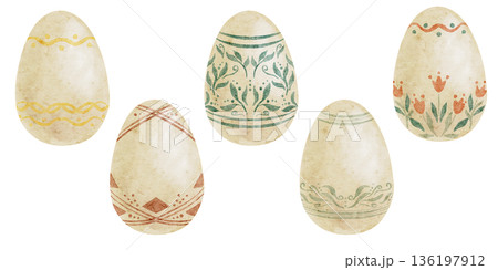 Decorated Easter eggs in beige, sage green and soft yellow tones as watercolor clipart, hand drawn. Perfect for stationery sets, scrapbook paper, packaging design, invitations and surface pattern Decorated Easter eggs in beige, sage green and soft yellow tones as watercolor clipart, hand drawn. Perfect for stationery sets, scrapbook paper, packaging design, invitations and surface pattern 136197912