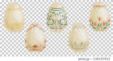 Decorated Easter eggs in beige, sage green and soft yellow tones as watercolor clipart, hand drawn. Perfect for stationery sets, scrapbook paper, packaging design, invitations and surface pattern Decorated Easter eggs in beige, sage green and soft yellow tones as watercolor clipart, hand drawn. Perfect for stationery sets, scrapbook paper, packaging design, invitations and surface pattern 136197912