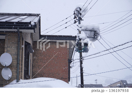 雪の積もった電信柱（雪）02 136197938