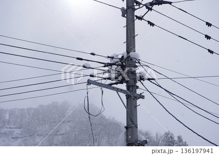 雪の積もった電信柱（雪）05 136197941