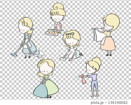 一組復古插畫，描繪了可愛的家庭主婦們做家事的場景（20世紀60年代美國，手繪風格） 136198082