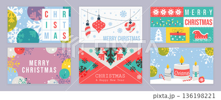 Merry Christmas cover template for social media. Xmas greeting cards with abstract decorative snowflakes, hanging balls, garlands, festive fir trees, candles, holiday patterns. Vector illustration. Merry Christmas cover template for social media. Xmas greeting cards with abstract decorative snowflakes, hanging balls, garlands, festive fir trees, candles, holiday patterns. Vector illustration. 136198221