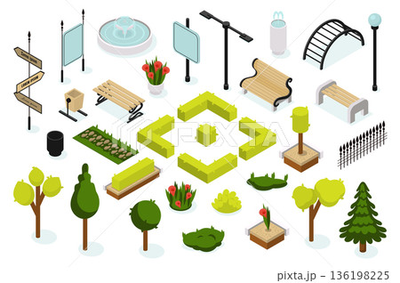 City park constructor 3d isometric mega set in isometry graphic design. Collection elements of fountain, road pointing, banner, benches, trash can, trees, plants, fences, other. Vector illustration. 136198225