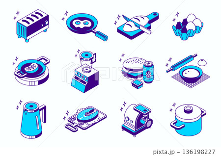 Kitchen utensils concept 3d isometric icons set for web isometry design. Collection elements of toaster, frying pan, eggs, cooking steak, blender, fast food, grinder, bowl, more. Vector illustration. 136198227