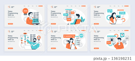 Programming concept of landing page with slide templates set in flat design. Website headers with people coding on computer, creating scripts and algorithms, developing programs. Vector illustrations. 136198231