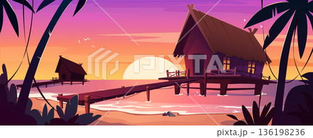 Tropical bungalows at sunset sea beach background banner for game design. Summer coastal wooden houses with flooring way, tropical palm trees silhouettes in dusk sky. Vector cartoon illustration 136198236