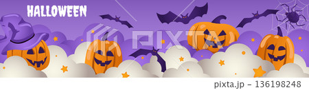 Happy Halloween banner design. Party invitation template with spooky pumpkins with evil smiles in clouds and stars and wearing witch hat, flying creepy bats, black spider on web. Vector illustration. Happy Halloween banner design. Party invitation template with spooky pumpkins with evil smiles in clouds and stars and wearing witch hat, flying creepy bats, black spider on web. Vector illustration. 136198248