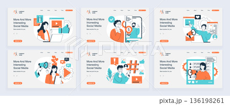 Social media concept of landing page with slide templates set in flat design. Website headers with people watching videos and likes, follow live broadcasting, sharing posts. Vector illustrations. 136198261
