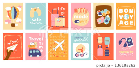 Travel cover typography template for posters, prints. Minimalistic banners set with hot air balloon, safe tourism, suitcase, passport, camera, move, bon voyage, airplane, other. Vector illustration. 136198262