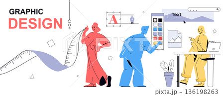 Graphic design concept in flat cartoon design for web banner. People doing creative project and branding, working with color palettes and drawing images, making advertising. Vector illustration. Graphic design concept in flat cartoon design for web banner. People doing creative project and branding, working with color palettes and drawing images, making advertising. Vector illustration. 136198263