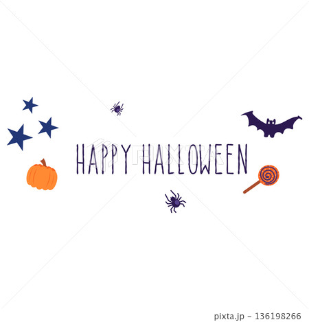 Happy Halloween quote in flat design. Holiday text with pumpkin, bat, candy. Vector illustration isolated. 136198266