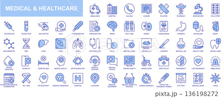 Medical and healthcare web icons set in duotone outline stroke design. Pack pictograms with ambulance, hospital, pharmacy, microscope, vaccination, help, prescription, diagnostic. Vector illustration. 136198272