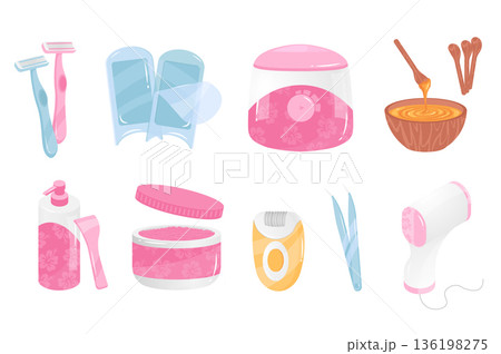 Depilation tools mega set elements in flat cartoon graphic design. Bundle objects of shave razor, waxing, sugaring, hair removal cream, epilator, tweezers, photoepilation, other. Vector illustration. 136198275