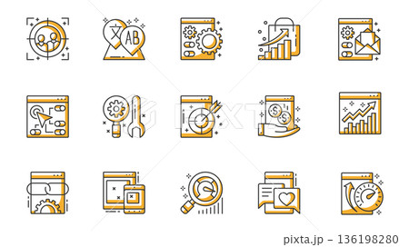 SEO icons set in outline stroke design for web. Pack line pictograms with target market, keyword, optimization, settings, increase graph, email, speed traffic, marketing, other. Vector illustration. 136198280