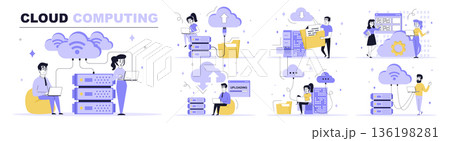 Cloud computing concept set in flat web design. Collection with people processing data, make sync, using online storage and hosting services. Flat vector illustration isolated on white background. 136198281