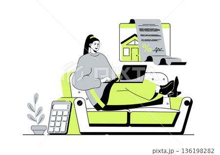 Mortgage web concept with flat cartoon people for website design. Woman getting mortgage online, using financial insurance, signing agreement contract with bank to buy new house. Vector illustration. Mortgage web concept with flat cartoon people for website design. Woman getting mortgage online, using financial insurance, signing agreement contract with bank to buy new house. Vector illustration. 136198282