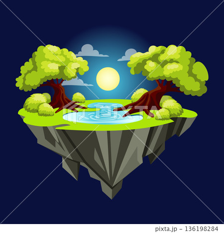 Gaming fantasy island in flat design. Platform with magic night forest with lake. Vector illustration isolated. 136198284