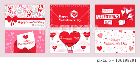 Valentines Day cover typography templates set for social media. Greeting cards design with red ribbon with bow, heart couple, gift with balloons, love letter, hot air ballon. Vector illustration. Valentines Day cover typography templates set for social media. Greeting cards design with red ribbon with bow, heart couple, gift with balloons, love letter, hot air ballon. Vector illustration. 136198291