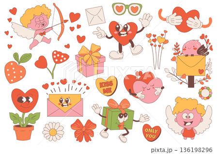 Groovy Valentine day set elements in flat graphic design. Collection of funny cupid with arrow, love letters, heart, glasses, couple hug, daisy flower, gifts, strawberry, other. Vector illustration. Groovy Valentine day set elements in flat graphic design. Collection of funny cupid with arrow, love letters, heart, glasses, couple hug, daisy flower, gifts, strawberry, other. Vector illustration. 136198296