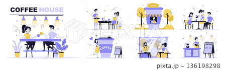 Coffee house concept set in flat web design. Collection with people drinking hot morning beverage at cafe or bistro, barista making espresso. Flat vector illustration isolated on white background. Coffee house concept set in flat web design. Collection with people drinking hot morning beverage at cafe or bistro, barista making espresso. Flat vector illustration isolated on white background. 136198298