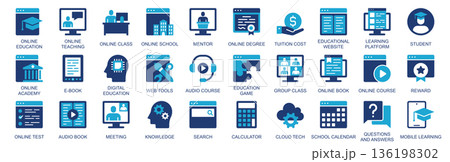 Online education icon set in flat duotone solid icons web design. Pack pictograms with teaching, class, school, mentor, tutor cost, educational, learning platform, student, other. Vector illustration. 136198302