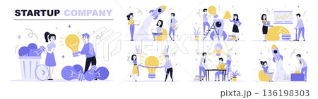 Startup company concept set in flat web design. Collection with people brainstorming, find best idea, investing in new project, launch rocket. Flat vector illustration isolated on white background. 136198303