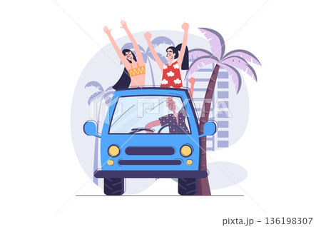 Summertime concept in modern flat design for web. Young man and woman friends going in summer vacation by camper car, resting in driving auto journey at tropical resort together. Vector illustration. 136198307