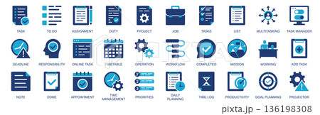 Task icon set in flat duotone solid icons web design. Pack pictograms with to do list, assignment, duty, project, multitasking, deadline, timetable, operation, priority, other. Vector illustration. Task icon set in flat duotone solid icons web design. Pack pictograms with to do list, assignment, duty, project, multitasking, deadline, timetable, operation, priority, other. Vector illustration. 136198308