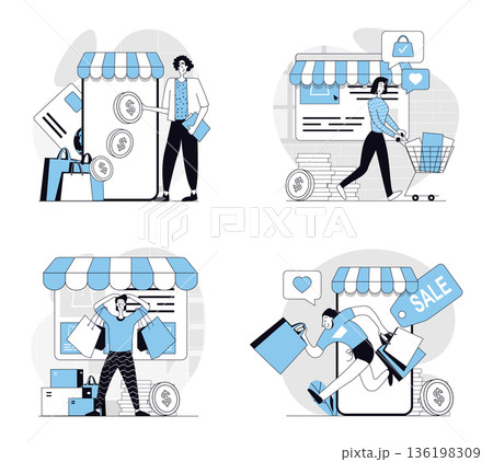 Mobile commerce concept set in flat design for web. Collection with people making online shopping, ordering new products and making purchases at salses, paying online in apps. Vector illustrations. 136198309