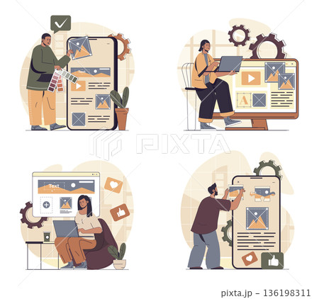 Content manager concept scenes set in flat web design. People in situations of creating photos, images, videos and text contents for webpage filling, planning online posting. Vector illustrations. 136198311