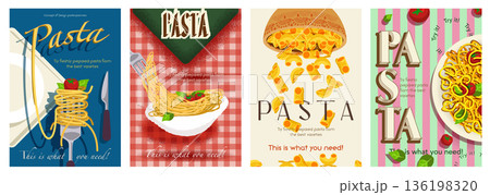 Pasta cover typography template for advertising design. Food posters and greeting cards with pasta on forks with tomatoes and basil leaves, italian spaghetti, noodles meal, other. Vector illustration. Pasta cover typography template for advertising design. Food posters and greeting cards with pasta on forks with tomatoes and basil leaves, italian spaghetti, noodles meal, other. Vector illustration. 136198320